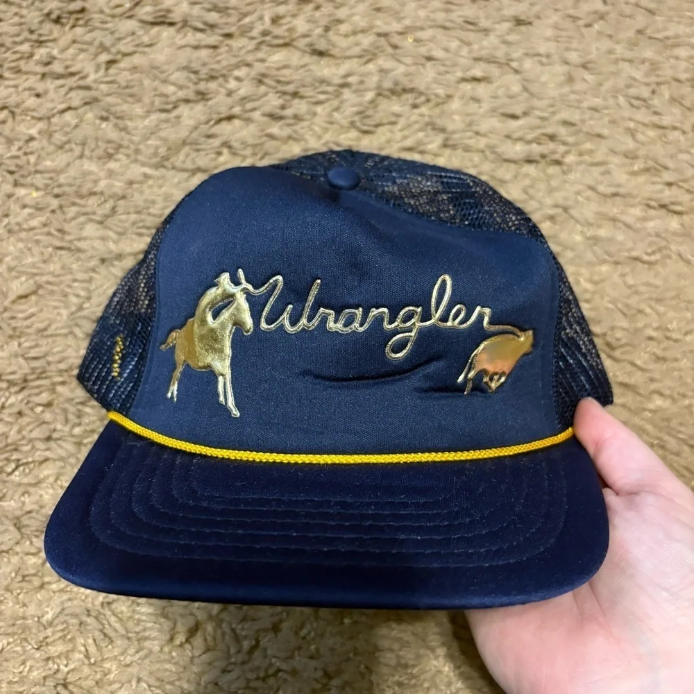 Vintage Wrangler Navy Gold Mesh Trucker Hat SnapBack Mesh Western Horse